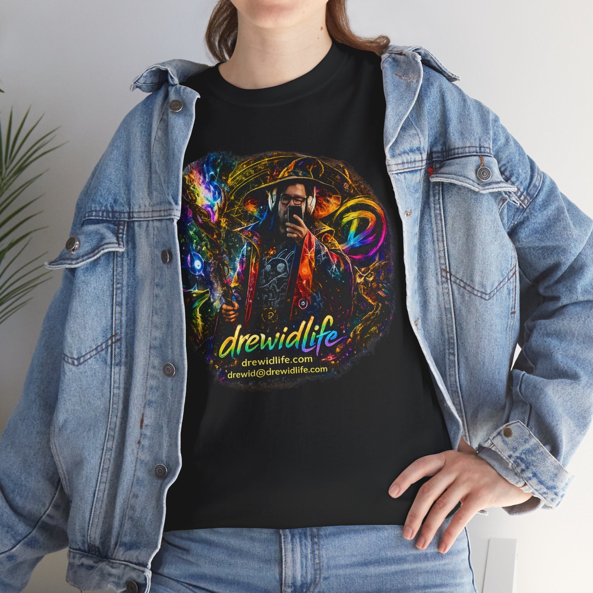 Psychedelic drewidlife Graphic Tee — Colorful Cosmic Music Art T-Shirt