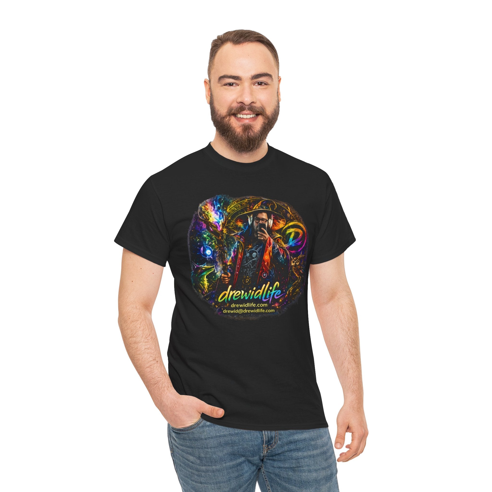 Psychedelic drewidlife Graphic Tee — Colorful Cosmic Music Art T-Shirt