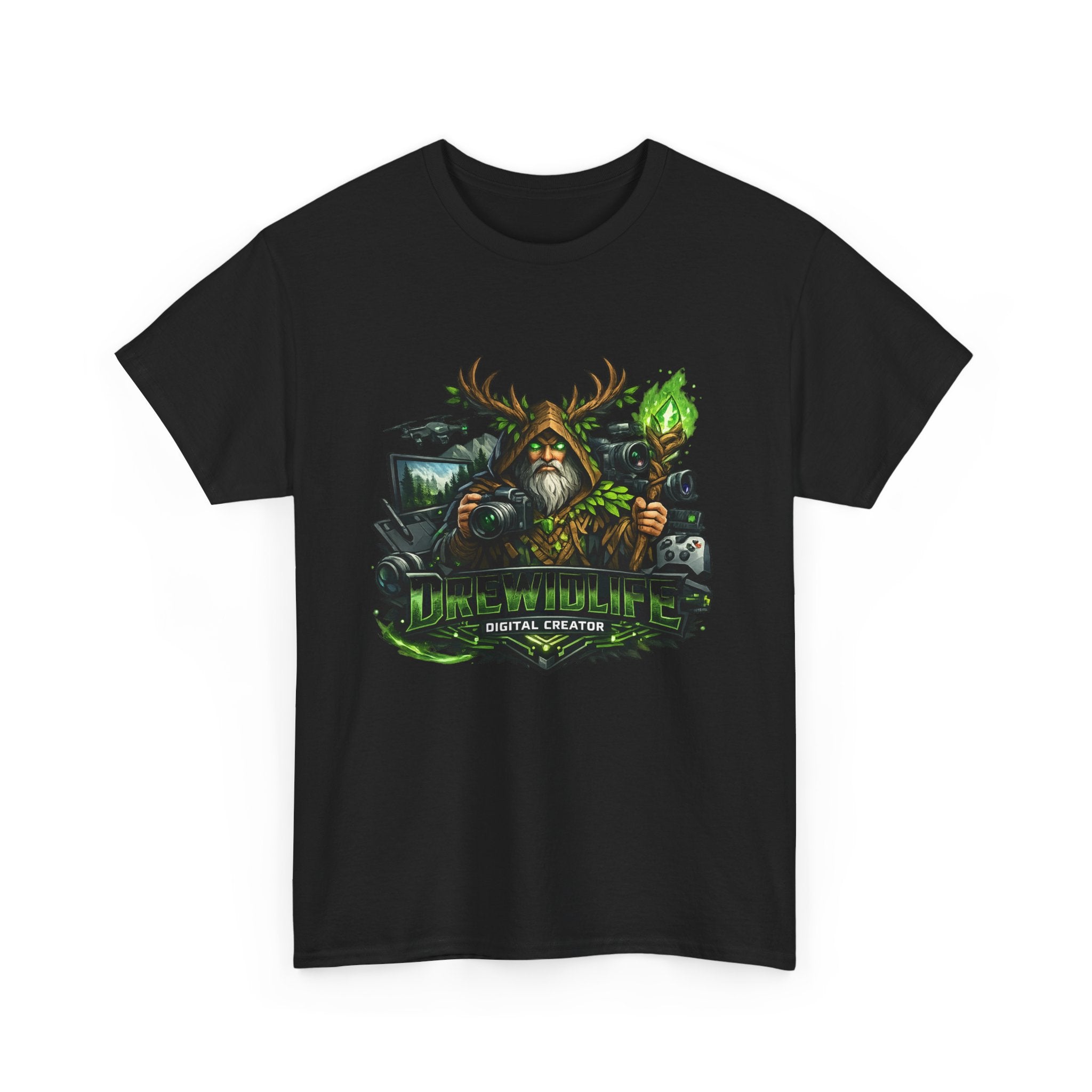 Fantasy Druid T-Shirt — "Druidic Healer" Mage with Antlered Hood Graphic Tee