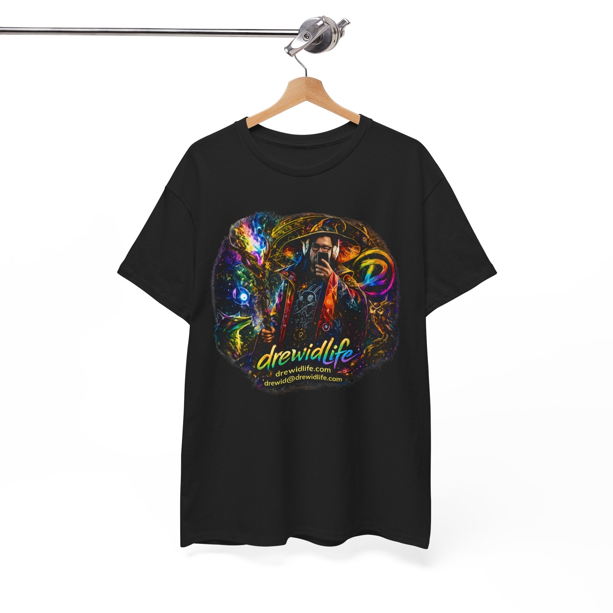Psychedelic drewidlife Graphic Tee — Colorful Cosmic Music Art T-Shirt