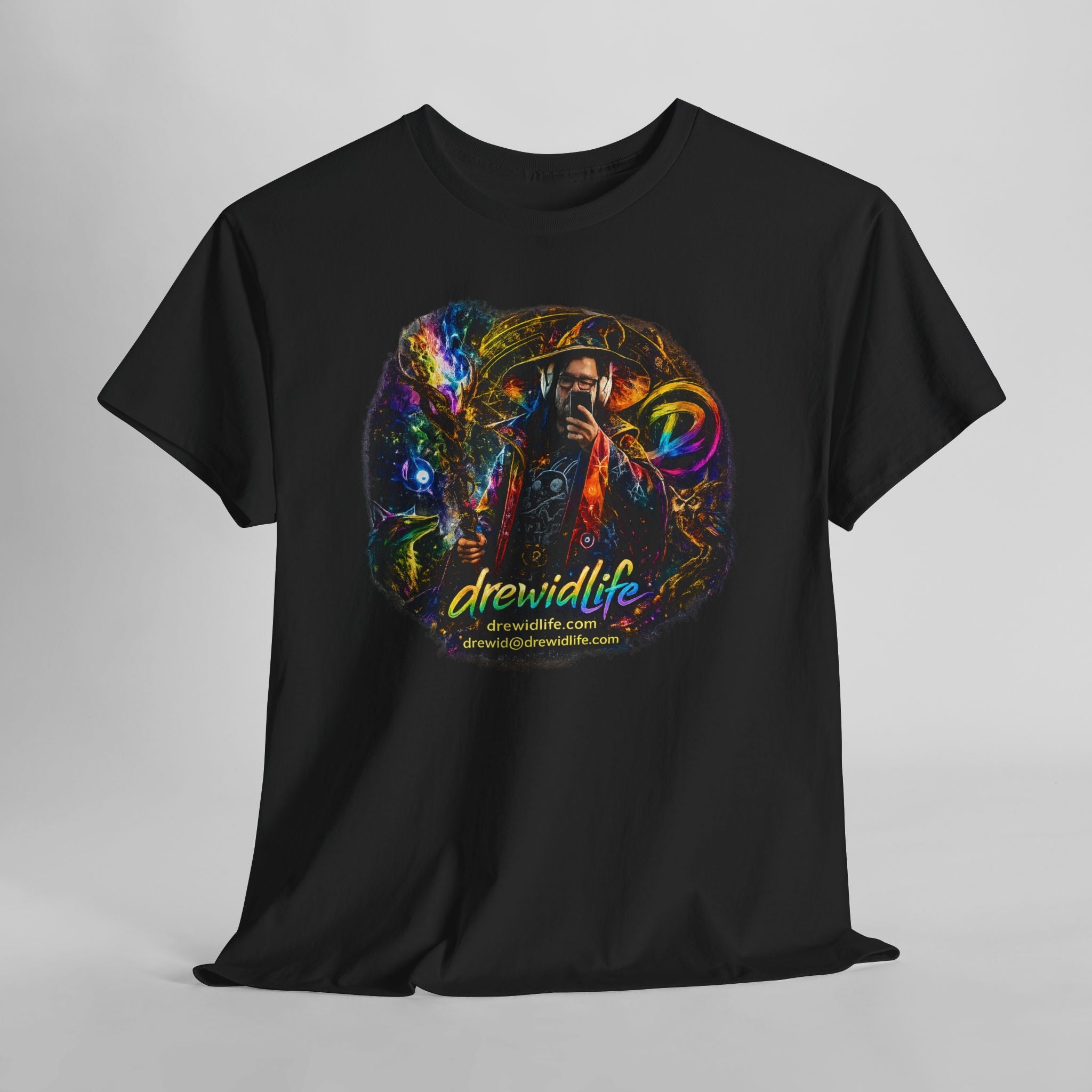 Psychedelic drewidlife Graphic Tee — Colorful Cosmic Music Art T-Shirt