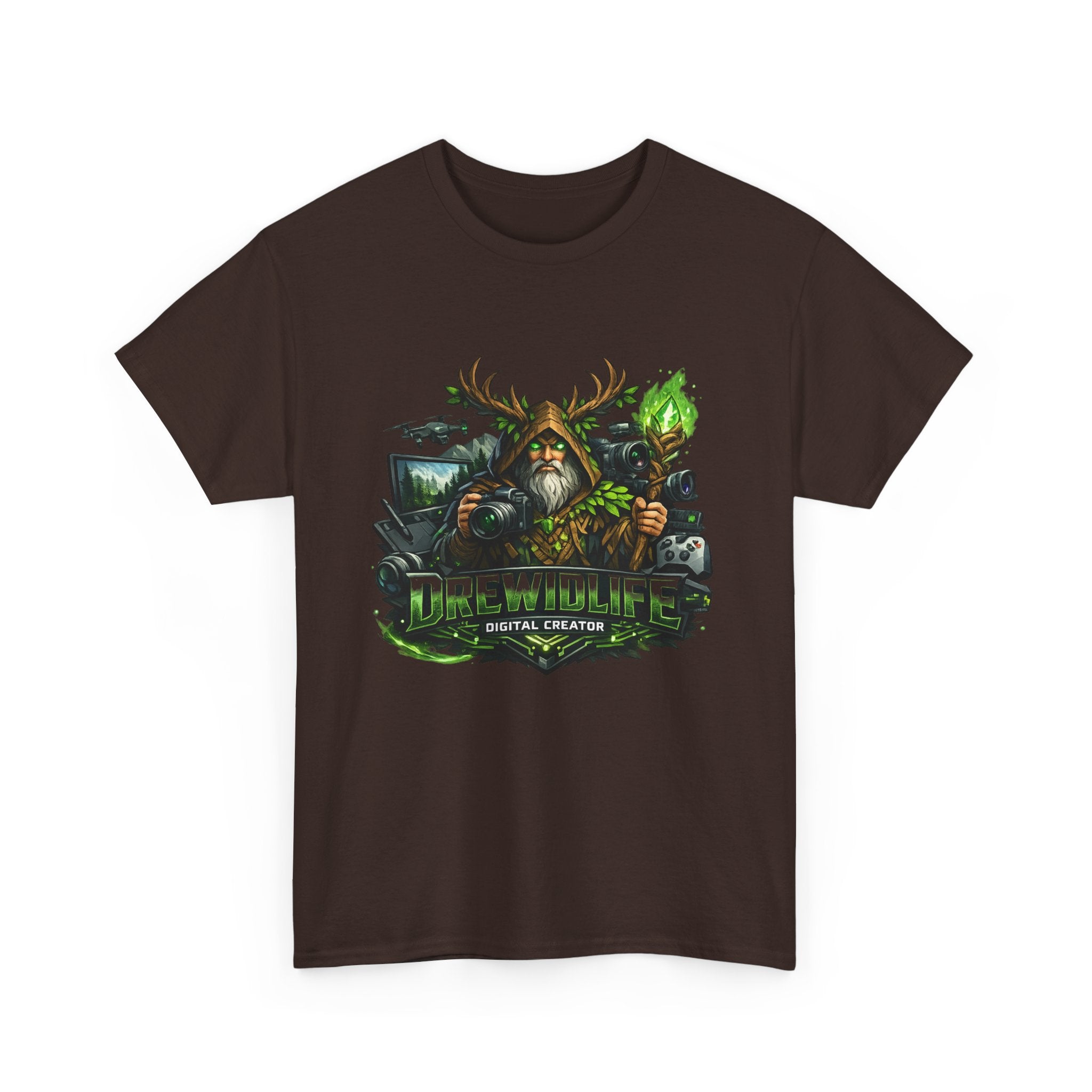 Fantasy Druid T-Shirt — "Druidic Healer" Mage with Antlered Hood Graphic Tee